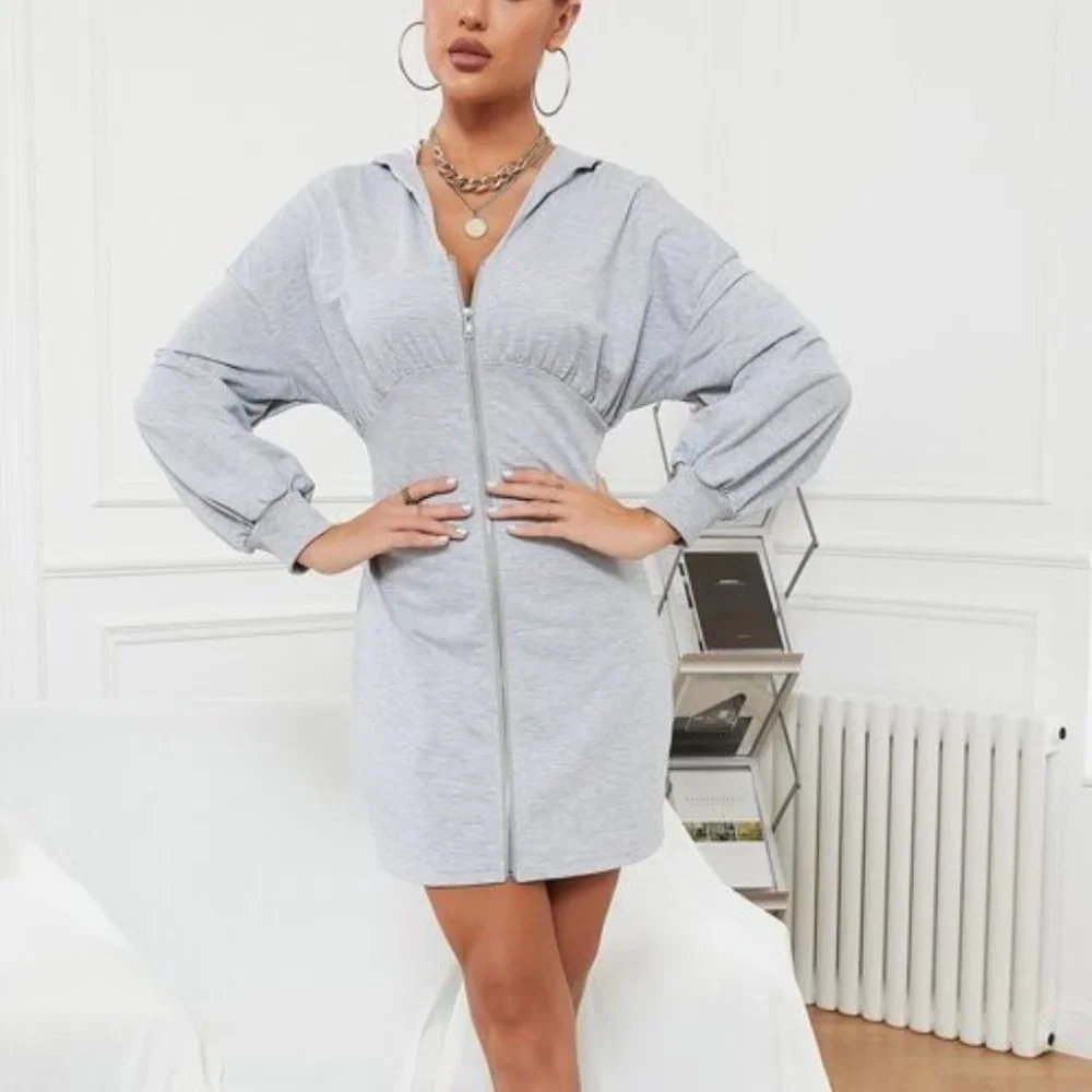 SPORTY GRAY HOODIE MINI DRESS - Picture 2 of 7